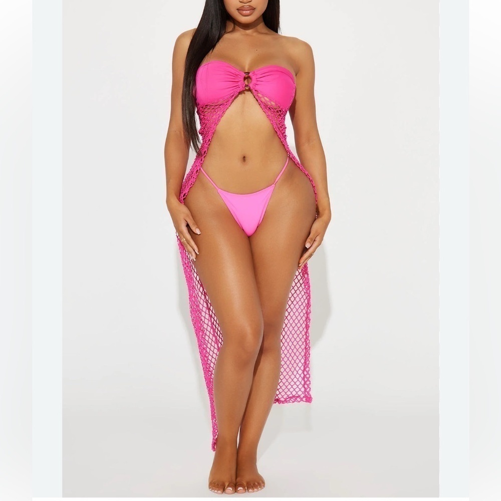 Vibrant Pink Mesh Open Front Swim Cover-Up Dress